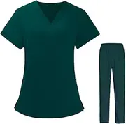 [Wzmzjy] Nurse Work Outfit for Women with Top and Pants, Scrubs Set for Beauty Center SPA, Green, XL