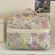 Floral Print Fabric Zip Pouch Makeup Bag - Pink & Yellow Flowers - Light Blue - One Size