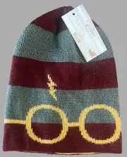 Harry Potter Beanie Winter Hat Grey Maroon Stripe Knit One Size Glasses NEW