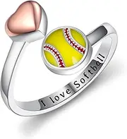 [Fuguangju] Softball Ring for Girls 925 Sterling Silver Softball Gifts for Girls with I Love Softball Player Sport Jewelry Gifts for Women Teen Girls Lover Players, Metal, No Gemstone