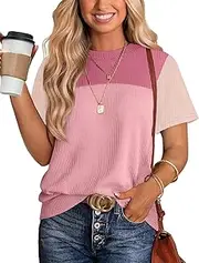 [WIHOLL] Womens Fashion 2025 Color Block Shirts Short Sleeve Crewneck Knitted Spring Summer Tops