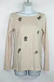 Ann Taylor LOFT Women Small Shirt Floral Beaded Scoop Neck Peach Long Sleeve Top