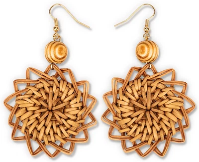 Boho Rattan Earrings for Women Dangling Handmade Wooden Bead Wicker Straw Statem