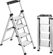 4 Step Ladder, Retractable Handgrip Folding Step Stool with Anti-Slip Wide Pedal