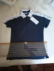 LADY HAGEN Women Small Sparklers White/Navy Print Block S/S Polo Shirt NEW