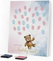 ZWV Gender Reveal Fingerprint Tree Bear, Bear Theme Baby Shower Guest Book Decoration Set, Canvas Painting Gender Reveal Party Creative Souvenirs