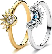 [Lian] 1 Pair 925 Sterling Silver Sun and Moon Ring Set Sparkling Sun Moon Ring Friendship Promise Matching Rings for Couple Stackable Celestial Pandora Rings Anniversary Birthday Gifts for Women