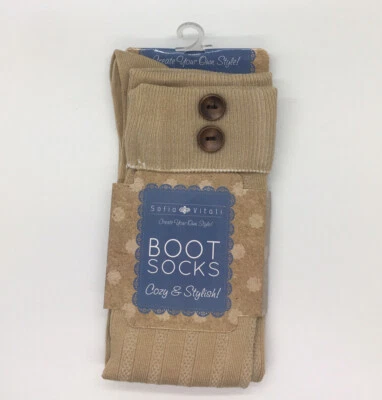 Sofia Vitali Boot Socks One Size Fits Most Tan with Cuffs And Buttons