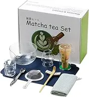 ABDULWEN Japanese Matcha Tea Set, Glass Threaded Matcha Bowl with Tea Mat, Matcha Whisk, Ceramic Whisk Holder, Towel, Traditional Scoop, Handmade Matcha Ceremony Kit for Japanese Tea Ceremony (10Pcs)