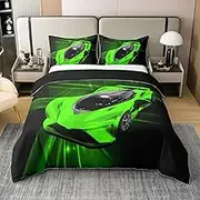 Feelyou Race Car Bedding Set Twin Size Green Race Car 100% Cotton Duvet Cover for Kids Boys Teens Luxury Car Comforter Cover Set Green Light Bedspread Cover Zipper