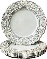 Umisriro Antique Charger Plates, 13 Inch White Dinner Plate Chargers Round Server Ware. Set of 6 Plastic Embossed Charger for Dinner, Party, Wedding, Elegant Tableware Decoration. (White)