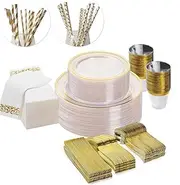Sebusong 225 Pcs Dinnerware Set Gold, Reusable Plastic Dinner Plates Set Include 25 Dinner Plates, 25 Salad Plates, 75 Silverware(25 Forks, Knives, Spoons), 25 Napkins, 25 Cups, 50 Paper Straws