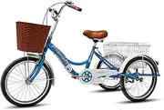 3 Wheels Adult Tricycle 20" Trike Cruiser Bike Single Speed Cargo Trike Cruiser Tricycle with Light&Basket for Outdoor Sports Cycling Pedalling