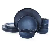 Dinnerware Sets for 4, 12-Piece Stoneware Plates and Bowls Deep Sea Blue Round