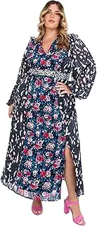 [Lovedrobe] Women's Plus Size Maxi Dress for Women Ladies with Pockets Long Baloon Sleeve Slit High Waist Curve Everyday Keyhole Flowers Cocktail Dress, Flowers, 16 AU