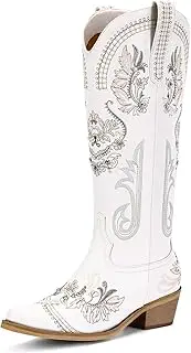 Lumeheel White Cowboy Boots for Women - Wide Calf Knee High Western Cowgirl Boots, Sparkly Rhinestone Retro Country Booties with Classic Embroidered, Pointed Toe Chunky Heel Pull on Vintage Tall Boots