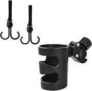 Cup Holder for Prams, Universal Cup Holder with 2 Pram Hooks, Double Hooks, 360° Rotation, Adjustable Pushchair Cup Holder, Suitable for Most Cups