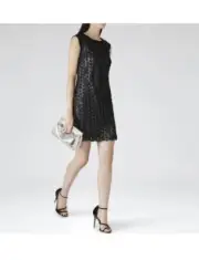 New REISS BIBI Black & Silver Fabric Applique Dress PARTY SZ 2