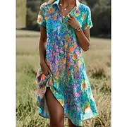 Women's Ditsy Floral Lapel Long Dress Maxi Dress Short Sleeve Summer Spring
