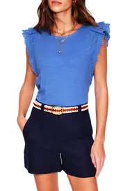 Boden Eyelet Embroidered Flutter Sleeve Cotton Top in Blue at Nordstrom, Size Small