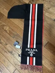 Prada Milano Hooded Cashmere Scarf New With Tags Black With Red /White Stripe