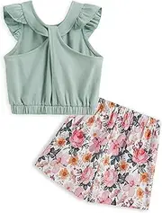 [Handfrog] Girl Clothing Sets 2024 Summer 2 Piece Outfits Floral Shorts Cute Flutter Sleeve Back Cross Tops Jumpsuits