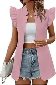 [Floerns] Women's Open Front Solid Collared Notch Neck Flounce Cap Sleeve Vest Coat