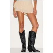 Black PU Point Toe Calf High Western Boots, Black