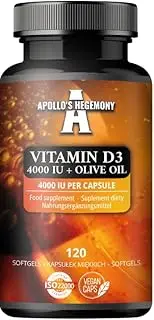 Vitamin D3 4000 IU with Olive Oil - 120 Capsules - 4 Months Supply - Supports Bone Health and Immune System - by Apollo's Hegemony