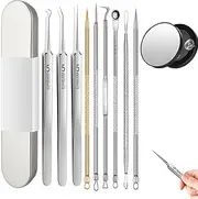 10 Pcs Acssart Blackhead Removal Tools, Pimple Popper Tool Kit, Stainless Steel Acssart Blackhead Tweezers, Blackhead Extractor with 15x Magnifying Glass, Metal Case