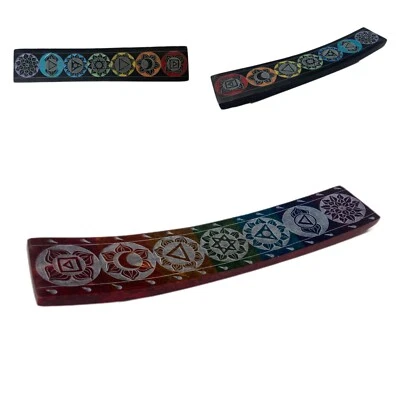 Long Indian Soapstone Incense Holder Chakra Patterns- Burner Ash Catcher Ethnic