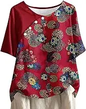 Layering Tee Short Sleeve Floral Print Button Top Round Neck Button Up T Shirt