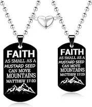 [Oneress] Two Souls One Heart Pendant Necklaces for Couple Stainless Steel Dog Tags Pendant Neckalce Couples Necklace Engraved Faith AS Small AS A Mustard Seed Can Move Mountains Matthews 17:20