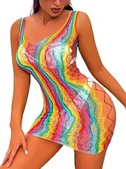 [Generic] Sexy Lingerie for Women Seven Colors Fishnet Bodysuit One Piece V-Neck Mini Dress