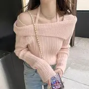 Long-Sleeve Asymmetrical Neck Plain Ribbed Knit Top Pink - One Size