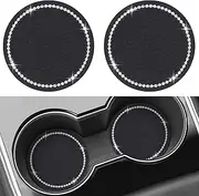Folmywy Car Cup Coasters Black Bling Rhinestone Crystal Silicone Anti-Slip Shockproof Cup Holder Round Thicken for Most Cars Interior Accessories 2pcs
