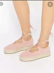 ASOS Blush Suede Leather Tie Leg Espadrille Platform Jute Size US 9 UK 7 New Box