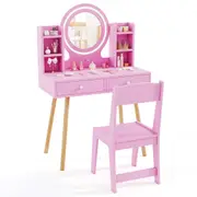 Giantex Makeup Desk & Chair Set w/2-Color Front Lit Mirror Vanity Dressing Table & Chair Set Pink