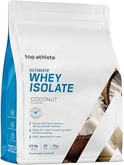 Top Athlete Ultimate Whey Isolate Protein Powder, Coconut, 1KG, 27.6g Protein Per Serve, 100% grass fed Whey Isolate, Blended with natural flavours and organic sweetener, NO NASTIES | GLUTEN FREE | ADDITIVE FREE | GUM FREE | FILLERS FREE