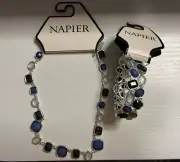 NEW VINTAGE NAPIER BEADED NECKLACE & BRACELET MATCHING SET BLUE/SILVER