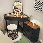 Corner Vanity with Mirror and Lights，Makeup Table Set with Chair Glass Top Vanity Table with Drawers Telescopic Dresser Vanity Desk for Women(Black,80CM_C)