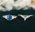 Oval Peacock Opal 14K Gold Plated 925 Silver Engagement Ring Set Wedding set