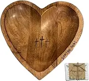 Prayer Bowl with Card Heart Shaped Religious Christian Prayer Bowl Wooden with Cross Carving 9x9 Inch Decorative Bowl Congregation Gifts Prayer Bowl
