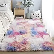2ft x 4ft Cute Rainbow Area Rug for Girls Bedroom, Fluffy Colorful Rugs Cute Floor Carpets, Fluffy Rugs for Bedroom, Tie-Dyed Rainbow Indoor Ultra Soft Plush Rugs (Pink)