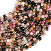 Natural Multi Tourmaline Gemstone Round Micro Faceted Beads String 15.5 Inches