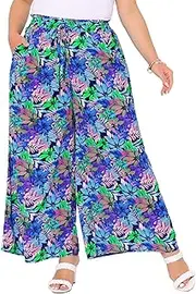 [Agnes Orinda] Women's Plus Size Casual Wide Leg Pants Boho Summer Floral Palazzo Pants Flowy Beach Trousers with Pocket Dark Blue Purple 4X