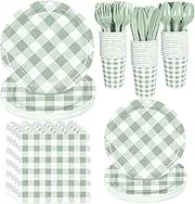 175 Pcs Sage Gingham Party Supplies for 25 Guests, Sage and White Checkered Paper Plates, Cups and Napkins Sets for Baby & Bridal Shower, Wedding, Birthday Party, Outdoor Picnic