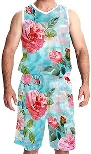 [FNETJXF] Basketball Jersey and Shorts, Outfit Tank Top Track Shorts, Men's Lightweight Rec Tanks, Pastorable Pink Rose Flower Floral Vintage