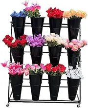 Flower Display Stand with Wheels, Iron Flower Holder with Flower Bucket, Moving Florist Bouquet Shelf, Easy to Assemble, for Living Room Balcony Garden Patio B Black