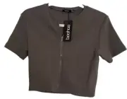 Boohoo Crop Top women’s Full Zip Ribbed Charcoal US 12 NWT Y2K 90’s Short Sleeve